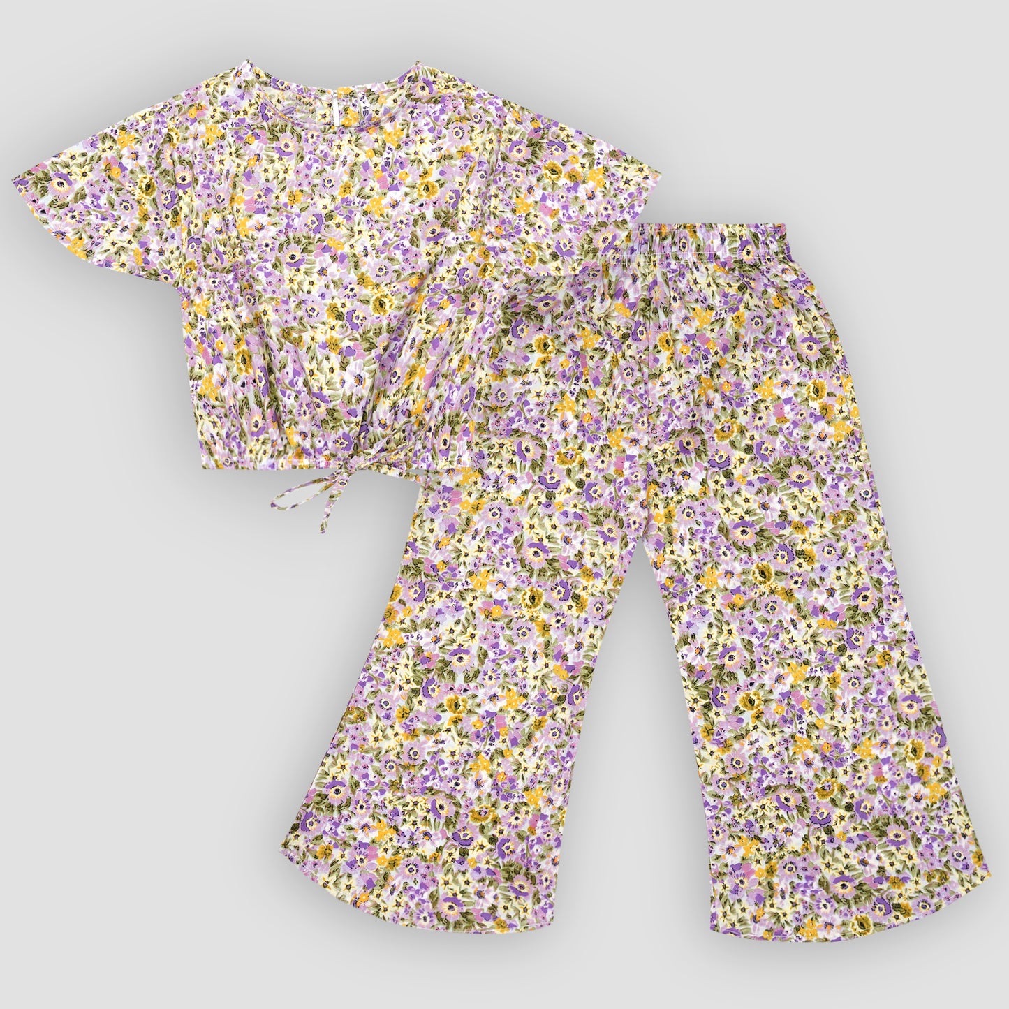 Purple with Yellow Flowers crop-top with Bell Bottom -CT146
