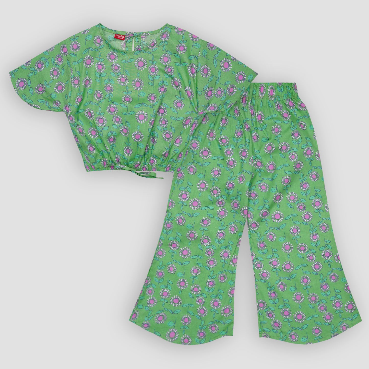 Green with Pink Flowers crop-top with Bell Bottom -CT133