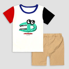 Kids Cotton T-Shirt & Shorts Set |The Crocodile -White -CS1119 - Maa Sadqay