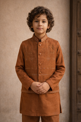 Boys 3 Piece Waistcoat Suit – Kurta Shalwar/Pajama Set - Art 173 Rust - Maa Sadqay