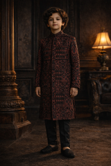 Maroon Hand-Embroidered Kids Sherwani - Maa Sadqay