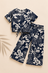 Navy & White Floral-Crop-top with Bell Bottom -CT172