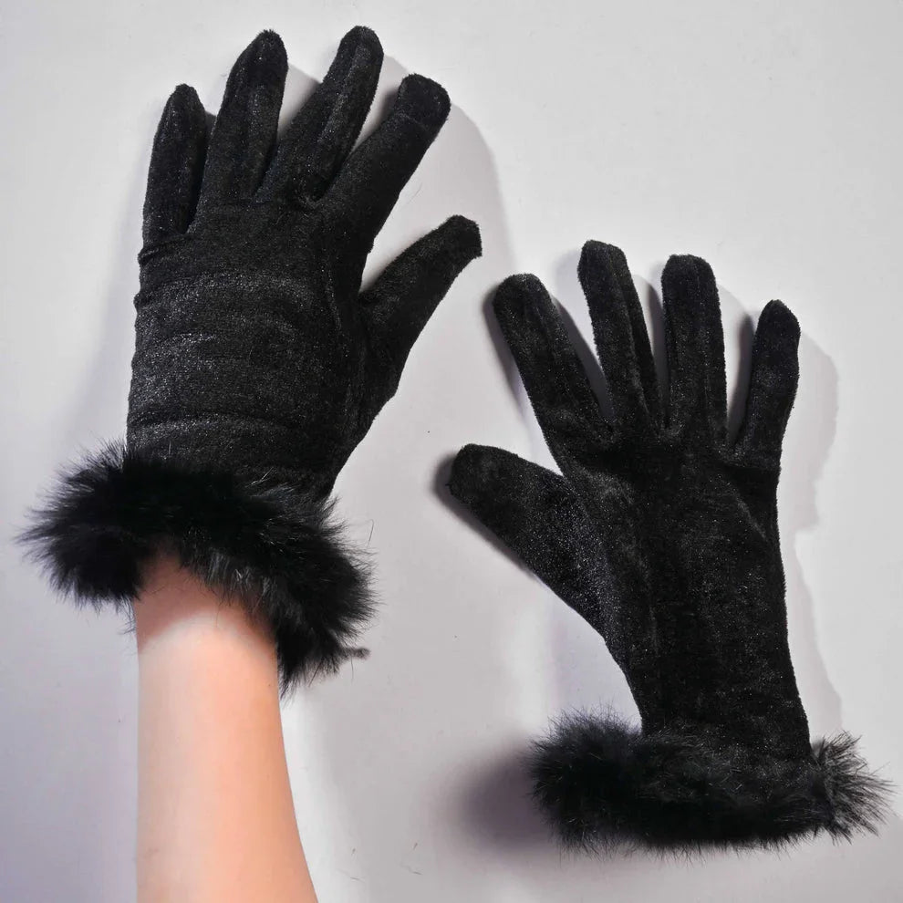 Luxurious Fox Fur Velvet Trimmed Gloves - Maa Sadqay