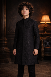 Black Hand-Embroidered Kids Sherwani - Maa Sadqay