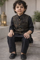 Boys Premium 3 Piece Waistcoat Suit – Kurta Shalwar/Pajama Set - Art 1015 Black - Maa Sadqay