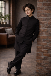 Boys Premium Al karam 3 Piece Waistcoat Suit – Kurta Shalwar Set - Art 292 Black