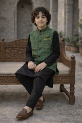 Boys 3 Piece Waistcoat Suit – Kurta Shalwar/Pajama Set - Art 265 Black