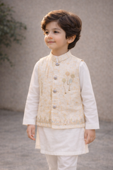 Boys Premium 3 Piece Waistcoat Suit – Kurta Shalwar/Pajama Set - Art 1003D Cream