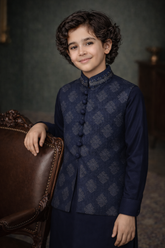 Boys Premium Al karam 3 Piece Waistcoat Suit – Kurta Shalwar/Pajama Set - Art 2518 Navy - Maa Sadqay