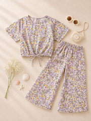 Purple with Yellow Flowers crop-top with Bell Bottom -CT146