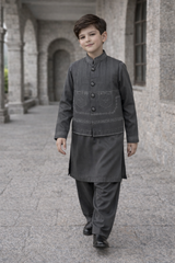 Boys 3 Piece Waistcoat Suit – Kurta Shalwar/Pajama Set - Art 159 Grey - Maa Sadqay