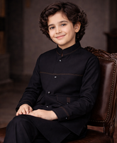 Boys Premium Al karam 3 Piece Waistcoat Suit – Kurta Shalwar/Pajama Set - Art 2600 Black - Maa Sadqay
