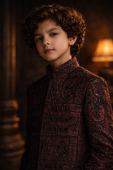 Maroon Hand-Embroidered Kids Sherwani - Maa Sadqay