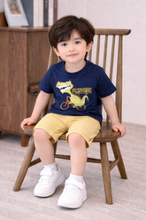 Kids Cotton T-Shirt & Shorts Set |Monster Cycling Dino -Blue -CS1117