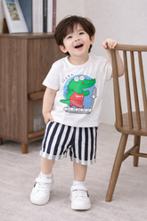 Kids Cotton T-Shirt & Shorts Set |Sports Dino -White -CS1124