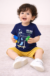 Kids Cotton T-Shirt & Shorts Set |GO GO Gator Skate Dino -Navy -CS1126