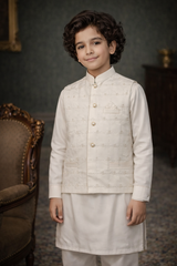 Boys 3 Piece Waistcoat Suit – Kurta Shalwar/Pajama Set - Art 306 Off White - Maa Sadqay