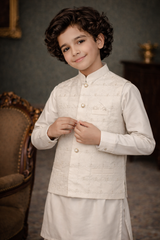 Boys 3 Piece Waistcoat Suit – Kurta Shalwar/Pajama Set - Art 306 Off White - Maa Sadqay