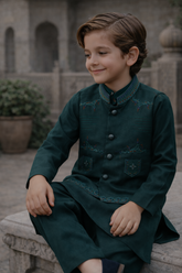 Boys 3 Piece Waistcoat Suit – Kurta Shalwar/Pajama Set - Art 205A Green - Maa Sadqay