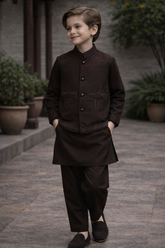Boys 3 Piece Waistcoat Suit – Kurta Shalwar/Pajama Set - Art 205A Choco - Maa Sadqay