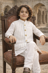Boys 3 Piece Waistcoat Suit – Kurta Shalwar/Pajama Set - Art 8374 Off White - Maa Sadqay