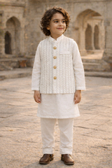Boys 3 Piece Waistcoat Suit – Kurta Shalwar/Pajama Set - Art 8374 Off White - Maa Sadqay