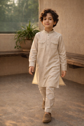Boys Premium Al karam Cotton Checkered kurta pajama Set -Art 2531 Cream