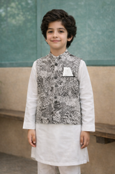 Boys 3 Piece Waistcoat Suit – Kurta Shalwar/Pajama Set - Art BW White
