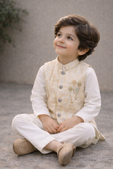 Boys Premium 3 Piece Waistcoat Suit – Kurta Shalwar/Pajama Set - Art 1003D Cream