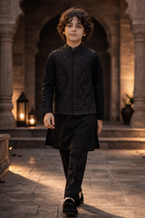 Boys Premium Al karam 3 Piece Waistcoat Suit – Kurta pajama Set - Art 201 Black