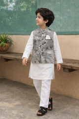 Boys 3 Piece Waistcoat Suit – Kurta Shalwar/Pajama Set - Art BW White