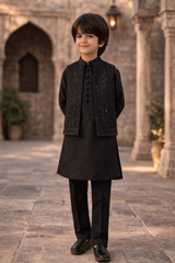 Boys 3 Piece Waistcoat Suit – Kurta Pajama Set - Art 643 Black Sequins