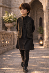 Boys 3 Piece Waistcoat Suit – Kurta Pajama Set - Art 643 Black Sequins