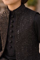 Boys 3 Piece Waistcoat Suit – Kurta Pajama Set - Art 643 Black Sequins