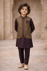 Boys Premium 3 Piece Waistcoat Suit – Kurta pajama Set - Art D177 Plum