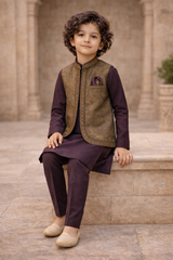 Boys Premium 3 Piece Waistcoat Suit – Kurta pajama Set - Art D177 Plum