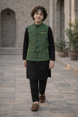Boys 3 Piece Waistcoat Suit – Kurta Shalwar/Pajama Set - Art 265 Black