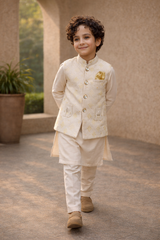 Boys 3 Piece Waistcoat Suit – Kurta Pajama Set - Art D2264 Cream