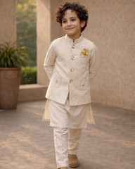 Boys 3 Piece Waistcoat Suit – Kurta Pajama Set - Art D2264 Cream