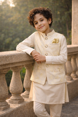 Boys 3 Piece Waistcoat Suit – Kurta Pajama Set - Art D2264 Cream