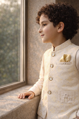 Boys 3 Piece Waistcoat Suit – Kurta Pajama Set - Art D2264 Cream