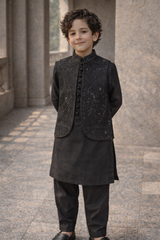 Boys 3 Piece Waistcoat Suit – Kurta Pajama Set - Art 623 Black Sequins