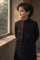 Boys 3 Piece Waistcoat Suit – Kurta Pajama Set - Art 623 Black Sequins