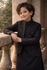 Boys 3 Piece Waistcoat Suit – Kurta Pajama Set - Art 623 Black Sequins