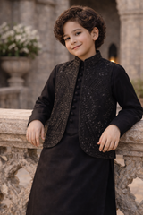 Boys 3 Piece Waistcoat Suit – Kurta Pajama Set - Art 623 Black Sequins
