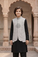 Boys Premium 3 Piece Waistcoat Suit – Kurta Shalwar/Pajama Set - Art 1483 Black - Maa Sadqay
