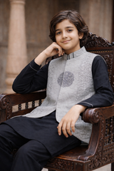 Boys Premium 3 Piece Waistcoat Suit – Kurta Shalwar/Pajama Set - Art 1483 Black - Maa Sadqay