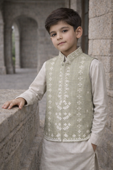 Boys Embroidered Waistcoat Apple Green -WC01 - Maa Sadqay