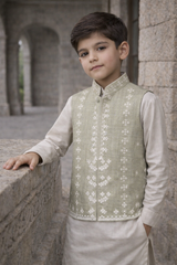 Boys Embroidered Waistcoat Apple Green -WC01 - Maa Sadqay