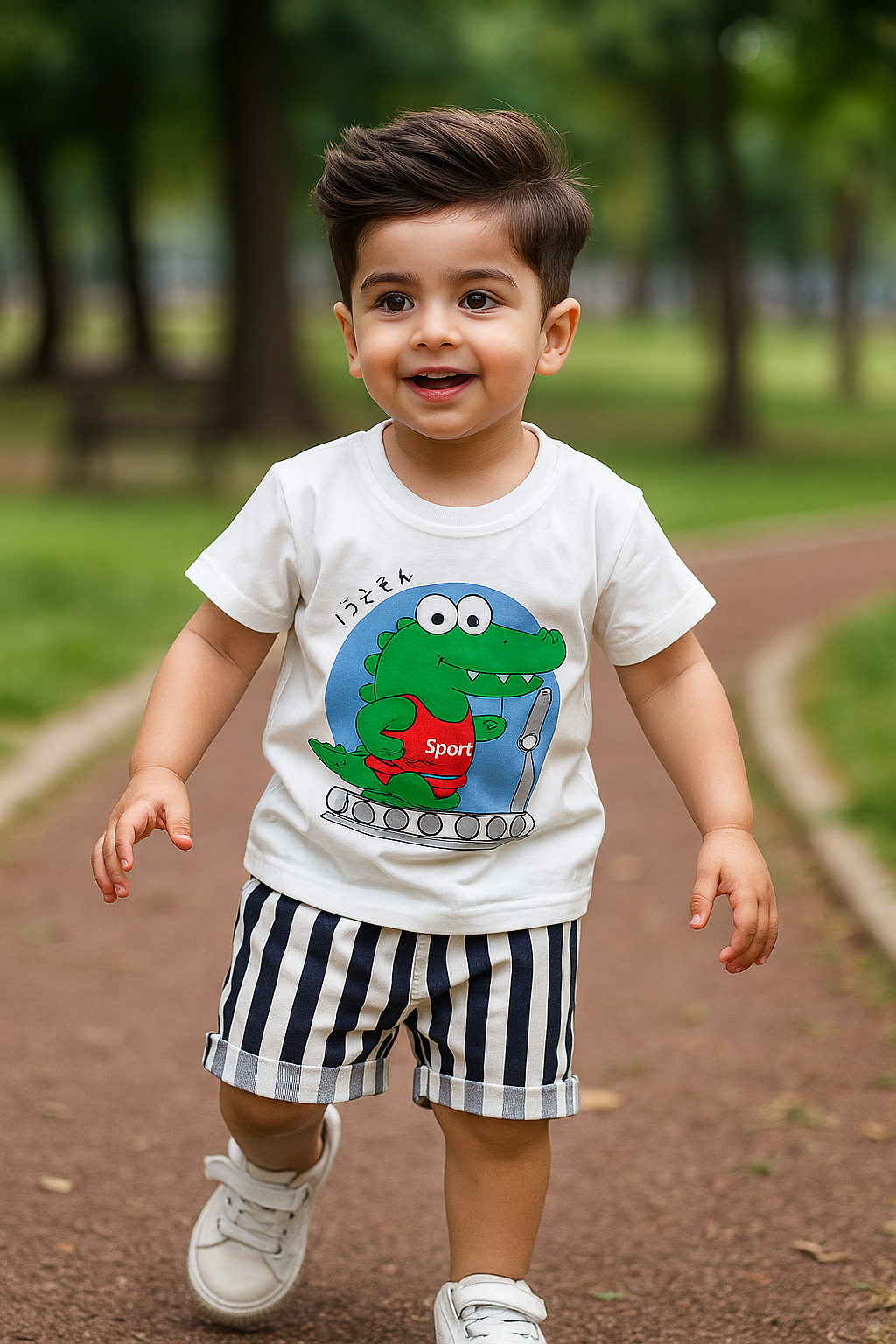 Kids Cotton T-Shirt & Shorts Set |Sports Dino -White -CS1124